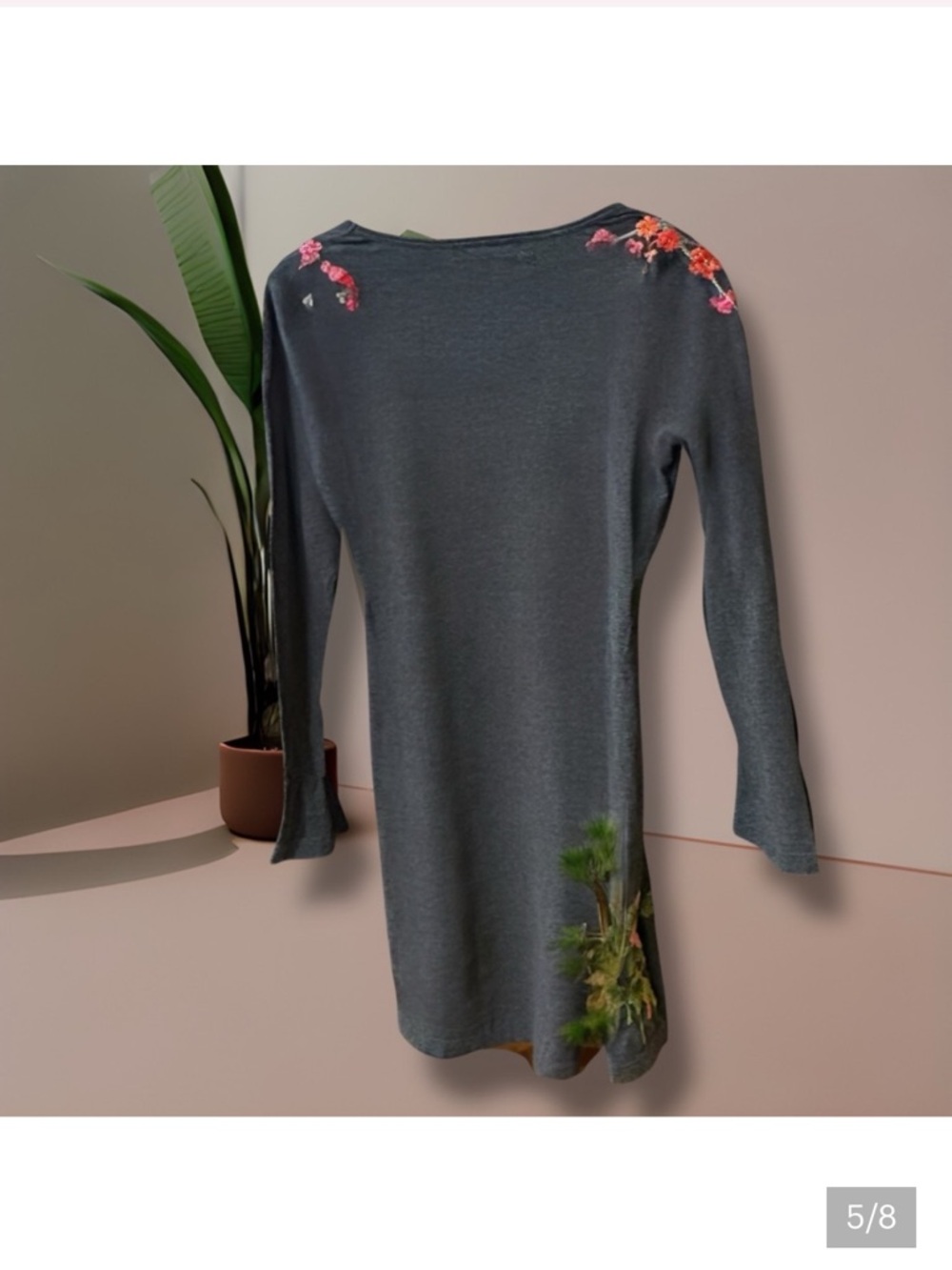 Johnny Was V-Neck Charcoal Grey Dress with Red and Pink Floral Embroidery - Picture 6 of 8